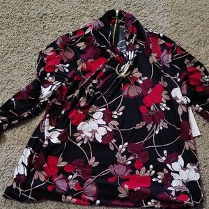Liz Claiborne Black Long-Sleeve Floral Top with Ring Detail